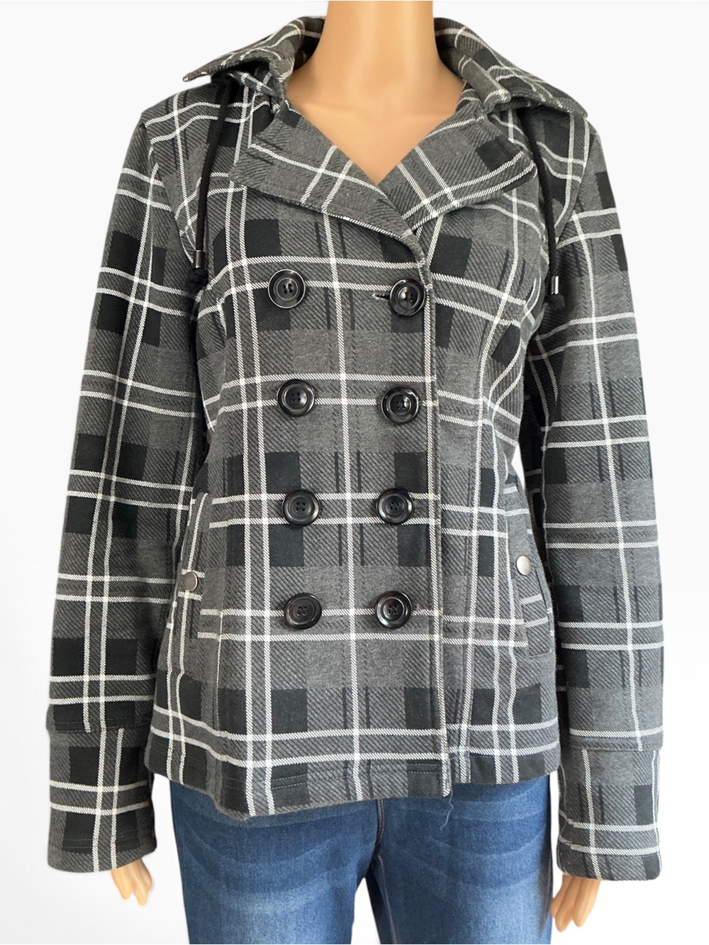 Sebby Gray Plaid Double-Breasted Peacoat